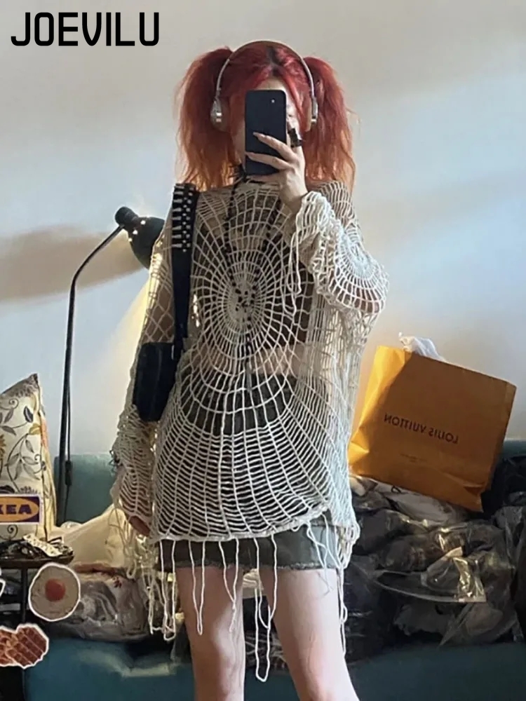 Fishing Equipment Net - Joevilu เสื้อถักมีฮู้ดลายโปร่งสำหรับผู้หญิงเสื้อสเวตเตอร์แบบใยแมงมุมสำหรับผู้หญิงเสื้อเบลาส์ตกข่ายสำหรับตกปลา MODE Korea เสื้อแบบสวมหัวตาข่ายสำหรับผู้หญิง